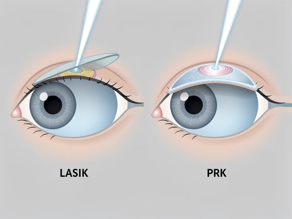 A side-by-side medical illustration comparing LASIK and PRK eye surgeries, showing a corneal flap for LASIK and the outer corneal layer removal for PRK, with laser beams reshaping the cornea in both procedures.