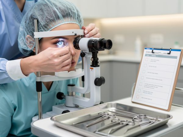 A patient's eye being examined by a surgeon using a slit lamp in a modern clinic, with surgical instruments and a checklist in the background, illustrating preparation for eye surgery.
